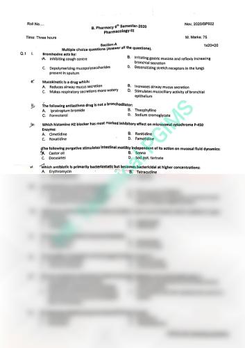 Pharmacology III 6th Semester B.Pharmacy Previous Year's Question Paper,BP602T Pharmacology III,BPharmacy,Previous Year's Question Papers,BPharm 6th Semester,